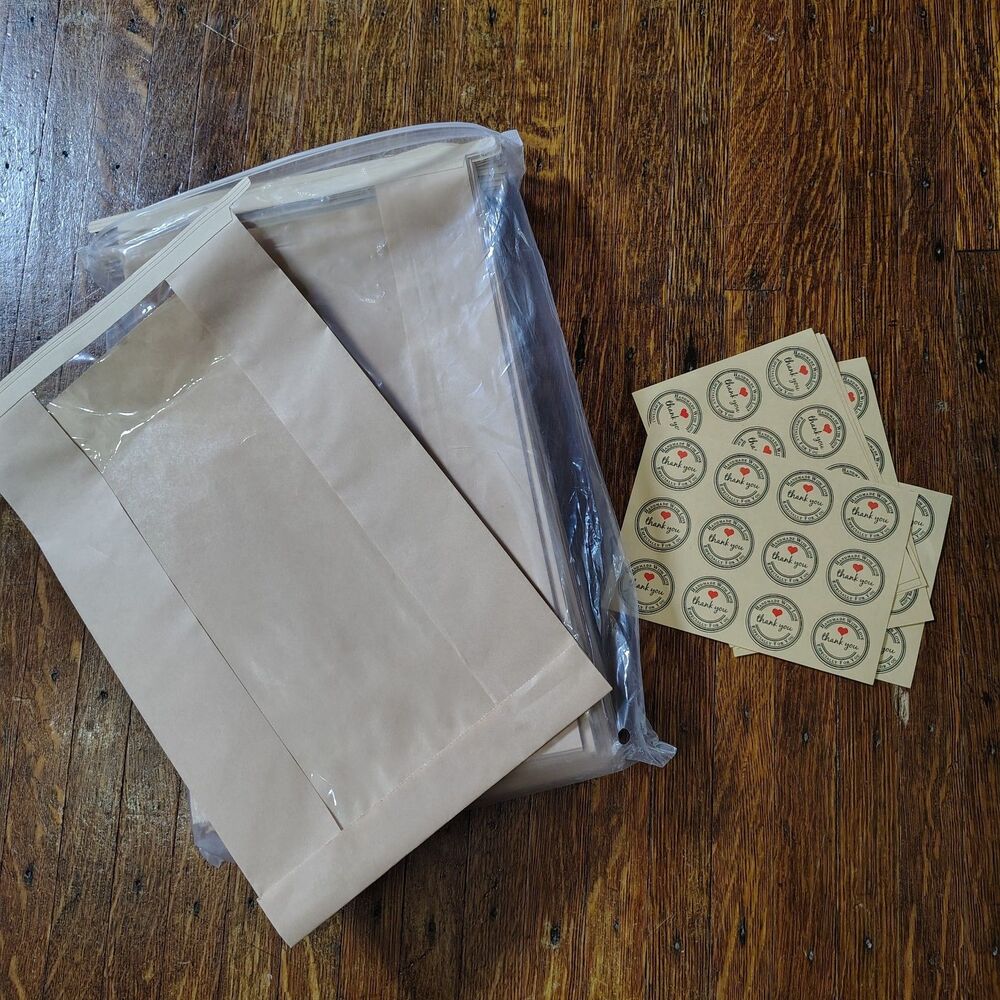 Bakery Paper Brown Bags W Window 58ct W Thank U Stickers 13.7x8.2